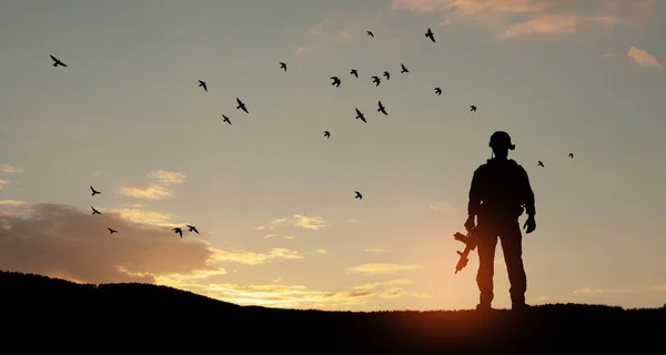 Silhouette Soldier Standing Backdrop Sunset Greeting Card Veterans Day Memorial — ストック写真