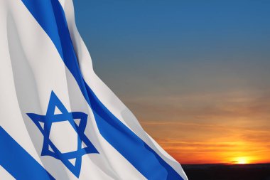 Israel flag with a star of David over cloudy sky background on sunset. Patriotic concept about Israel with national state symbols. Banner with place for text.