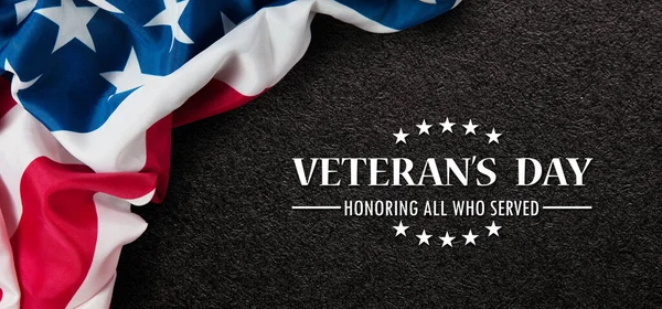 Closeup American Flag Text Veterans Day Honoring All Who Served — Foto Stock