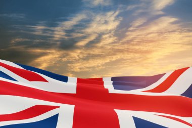Günbatımı arka planında Birleşik Krallık bayrakları. Mesajınız için arka planda yer alın. 3d oluşturma.