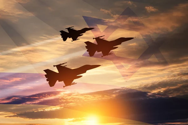 Aircraft Silhouettes Background Sunset Transparent Waving Israel Flag Military Aircraft — Foto Stock