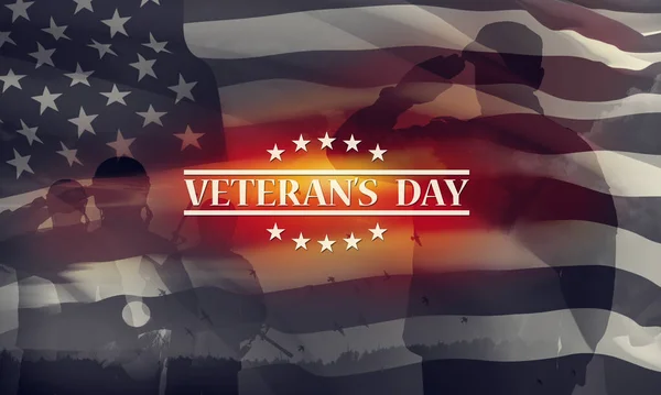 Silhuetter Soldater Hilsen Med Tekst Veteraner Day Amerikansk Ferie Typografi - Stock-foto