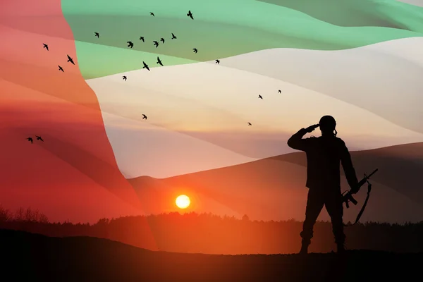 Silhouette Soldier Saluting Background Uae Flag Sunset Sunrise Concept National — Photo