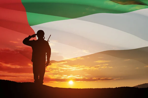 Silhouette Soldier Saluting Background Uae Flag Sunset Sunrise Concept National — Foto Stock