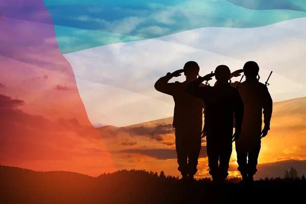 Silhouettes Soldiers Saluting Background Uae Flag Sunset Sunrise Concept National — стоковое фото