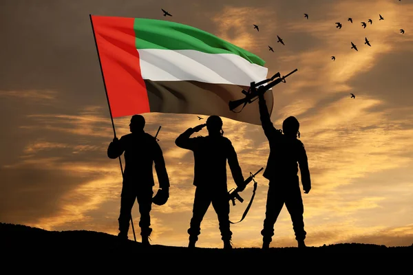 Silhouettes Soldiers Flag Uae Sunset Sunrise Concept National Holidays Commemoration — Foto Stock