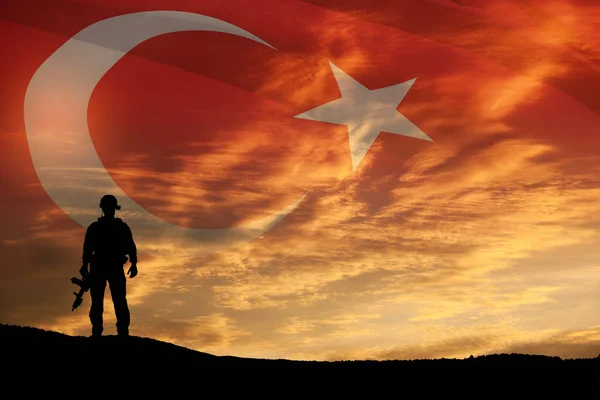Silhouette Soldier Background Turkey Flag Sunset Sunrise Concept Crisis War — Fotografia de Stock