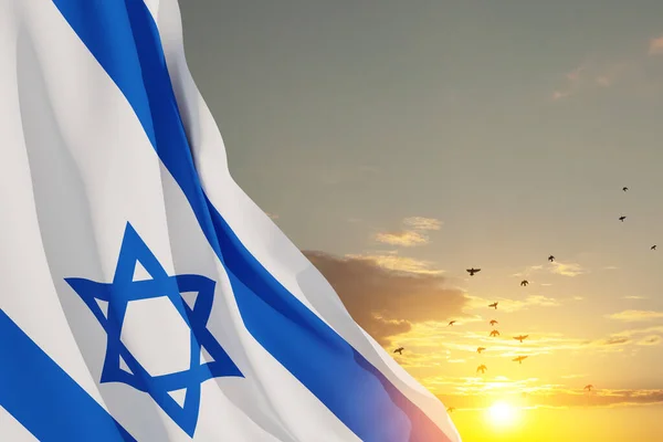 Israel Flag Star David Cloudy Sky Background Flying Birds Sunset — 图库照片
