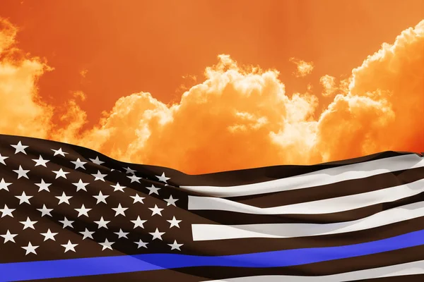 American flag with police support symbol Thin blue line on sunset sky. American police in society as the force which holds back chaos, allowing order and civilization to thrive. 3d-rendering.