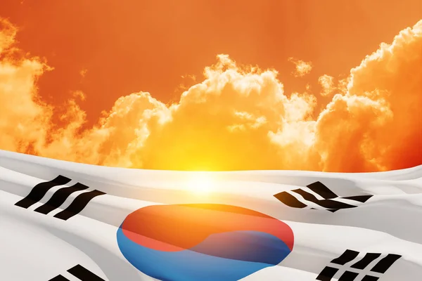 Waving South Korea Flag Sunset Sky Background Place Your Text — Stok fotoğraf