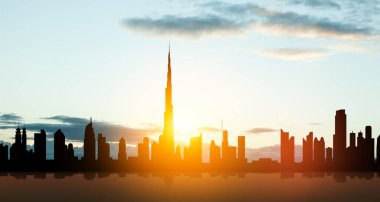Birleşik Arap Emirlikleri, gün batımında Dubai silueti manzarası. BAE kutlaması. Ulusal Gün, Bayrak Günü, Anma Günü, Şehitler Günü.