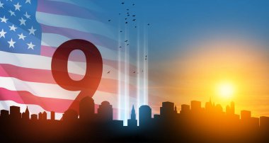 11 Eylül 'de Manhattan' ın aşağısındaki New York şehrinde Sunset 'te Amerikan bayrağı ve ruhlar gibi dalgalanan kuşlarla birlikte gökyüzüne bir anma töreni düzenlendi. 9.11 randevu konsepti. Amerikan Vatanseverlik Günü afişi.
