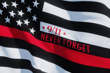 Thin Red Line Firefighter Flag. USA flag. Remembering, memories on fallen firefighters officers on September 11, 2001. Patriot day. Firefighter members honor. 3d image.