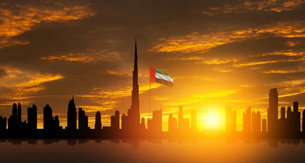 United Arab Emirates Flag Dubai Skyline View Sunset Uae Celebration — Stock Fotó