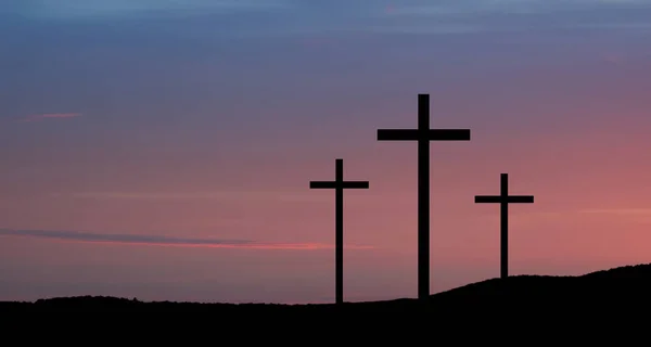 Christliche Kreuze Auf Hügeln Freien Bei Sonnenaufgang Auferstehung Jesu Konzeptfoto — Stockfoto