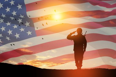 USA army soldier saluting on a background of sunset or sunrise and USA flag. Greeting card for Veterans Day, Memorial Day, Independence Day. America celebration. 3D-rendering.