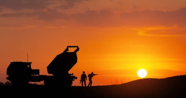 Artillery rocket system are aimed to the sky and soldiers at sunset. Multiple launch rocket system. 3d-rendering.