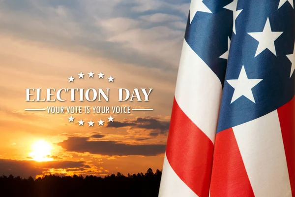 Text Election Day Your Vote is Your Voice with USA Flag on background of sunset. I voted. Voting in America.