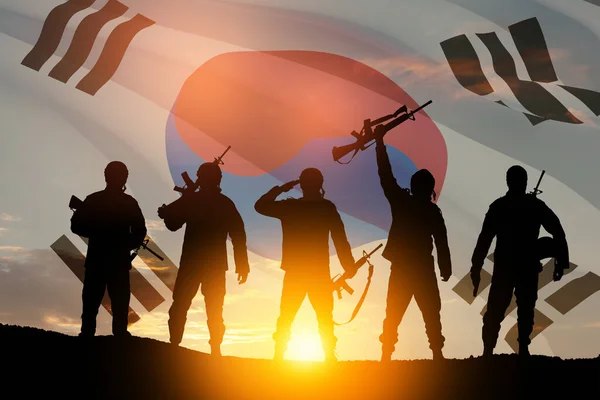 Siluetas Soldados Saludando Contra Amanecer Puesta Del Sol Bandera Corea — Foto de Stock