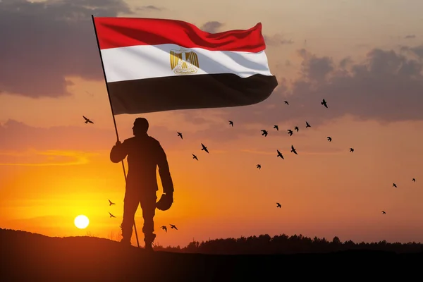 Sziluett Egy Katona Egyiptom Zászló Ellen Napfelkelte Sivatagban Koncepció Fegyveres — Stock Fotó