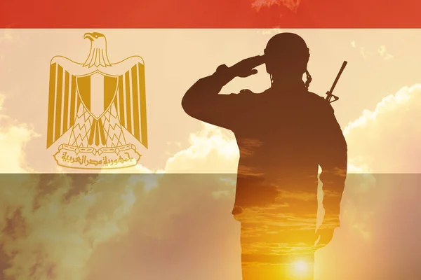 Double Exposure Silhouette Solider Sunset Sunrise Flag Egypt Greeting Card — Stock fotografie