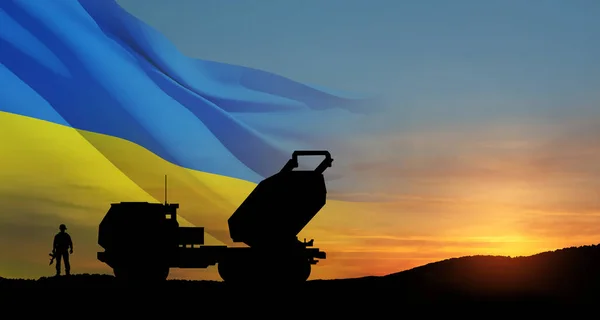 Артилерійська Ракетна Система Спрямована Небо Солдат Заході Сонця Українським Прапором — стокове фото
