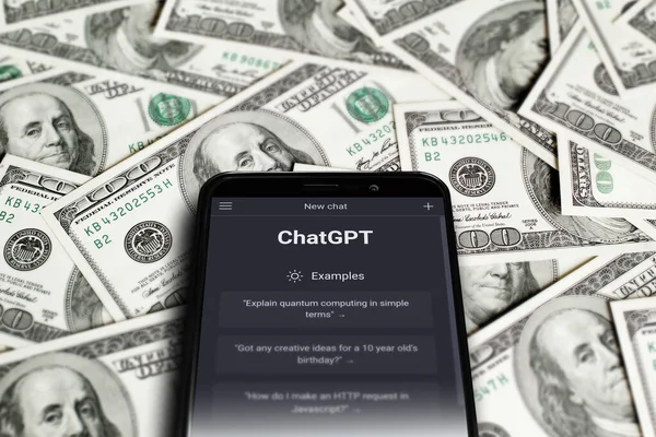 Webové Stránky Chatgpt Obrazovce Smartphone Pozadí Dolarů Chatgpt Chatbot Openai — Stock fotografie