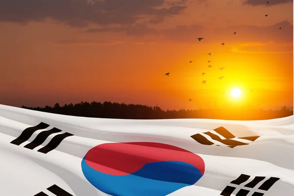 Waving Sydkorea Flag Solnedgang Himmel Med Flyvende Fugle Baggrund Med - Stock-foto