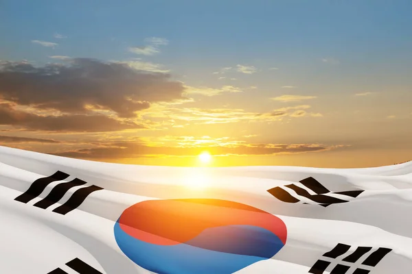 Waving South Korea Flag Sunset Sky Background Place Your Text — Stock Fotó
