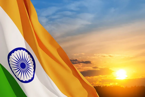 Acenando Bandeira Índia Céu Por Sol Antecedentes Com Lugar Para — Fotografia de Stock