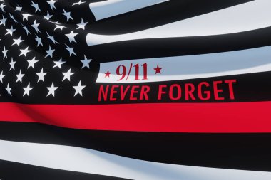 Thin Red Line Firefighter Flag. USA flag. Remembering, memories on fallen firefighters officers on September 11, 2001. Patriot day. Firefighter members honor. 3d image.