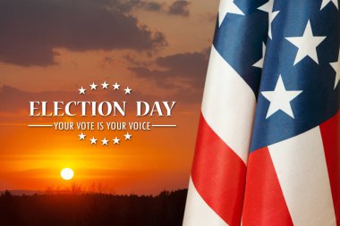 Text Election Day Your Vote is Your Voice with USA Flag on background of sunset. I voted. Voting in America.