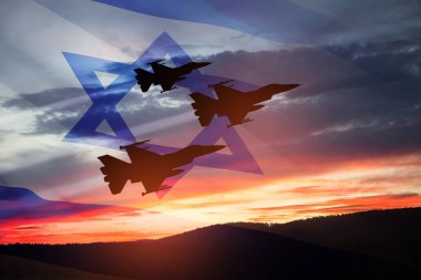 Aircraft silhouettes on background of sunset with a transparent waving Israel flag. Military aircraft. Independence day. Air Force Day.