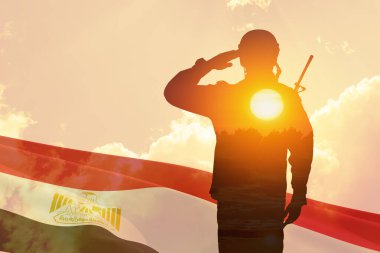 Bir askerin siluetini ve gün batımını ya da Mısır bayrağına karşı güneşin doğuşunu iki kez görmek. Bağımsızlık Günü için tebrik kartı, Anma Günü, Silahlı Kuvvetler Günü, Sina Kurtuluş Günü.