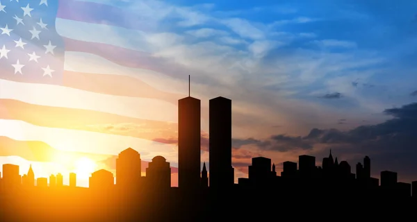 New York Skyline Silhouette Twin Towers Usa Flag Sunset 2001 — Stock Photo, Image