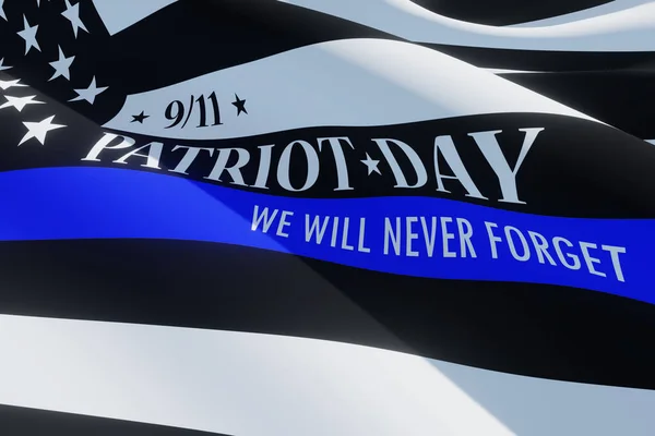 American flag with police support symbol Thin blue line. Remembering, memories on fallen people on september 11, 2001. Patriot day. 3d image.