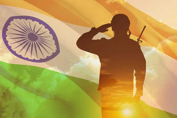 Double Exposure Silhouette Solider Sunset Sunrise India Flag Greeting Card — Stock Photo, Image