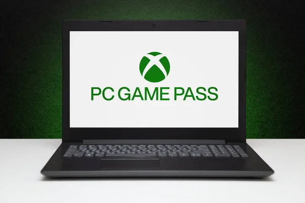 Pc游戏通过标志在屏幕笔记本电脑上的黑色纹理墙与绿光 哈萨克斯坦阿斯塔纳 2023年3月23日 — 图库照片
