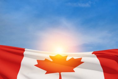 Kanada ulusal bayrağı mavi gökyüzünde dalgalanıyor. Kanada günü. 3d oluşturma.