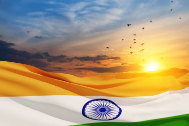 Waving India flag on sunset sky with flying birds. Background with place for your text. Indian independence day, 15 August. 3d-rendering.