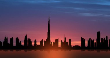 Birleşik Arap Emirlikleri, gün batımında Dubai silueti manzarası. BAE kutlaması. Ulusal Gün, Bayrak Günü, Anma Günü, Şehitler Günü.