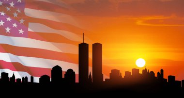 New York skyline silhouette with Twin Towers and USA flag at sunset. 09.11.2001 American Patriot Day banner.