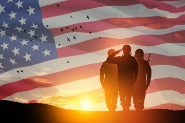 USA army soldiers saluting on a background of sunset or sunrise and USA flag. Greeting card for Veterans Day, Memorial Day, Independence Day. America celebration. 3D-rendering.