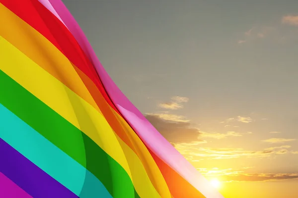 Waving LGBT pride flag on sunset sky, rainbow flag background. Multicolored peace flag movement. Original colors symbol. 3d-rendering.