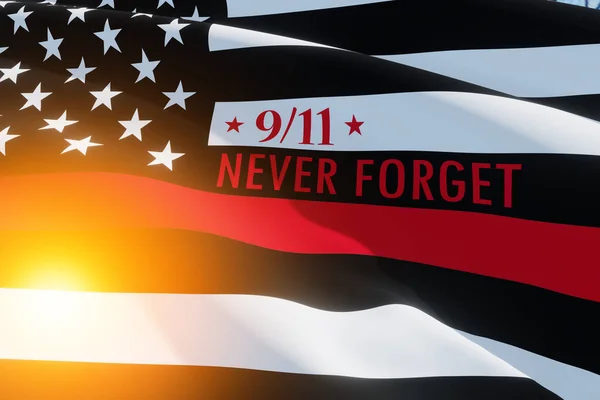 スポットライト付きの細い赤い線の消防旗 アメリカ国旗 2001年9月11日に消防士が倒れたことを思い出してください 愛国者の日 消防士の名誉よ 3D画像 — ストック写真