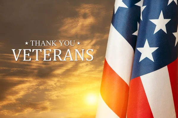 American Flags Text Thank You Veterans Sunset Background American Holiday — Stock Photo, Image