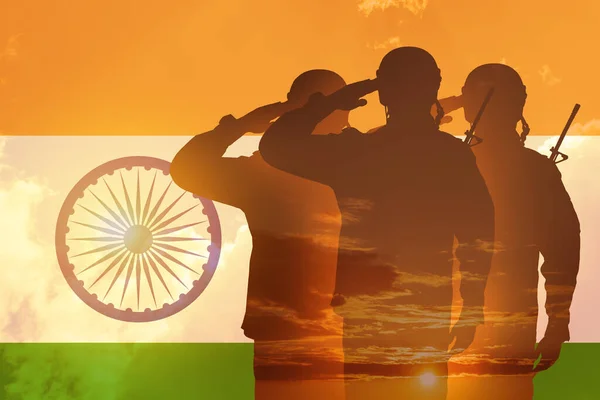 Double Exposure Silhouettes Soliders Sunset Sunrise India Flag Greeting Card — Stock Photo, Image