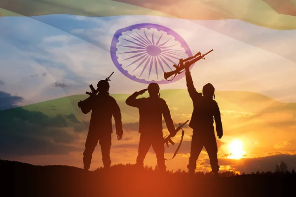 Silhouettes Soldiers Background India Flag Sunset Sunrise Greeting Card Independence — Stock Photo, Image