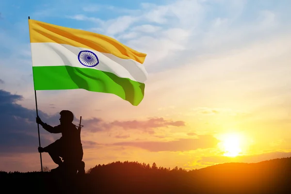 Silhouette Soldier India Flag Background Sunset Sunrise Greeting Card Independence — Stok fotoğraf