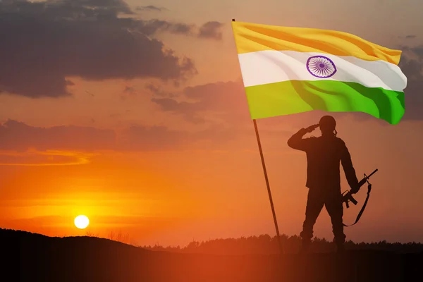 Silhouette Soldier India Flag Background Sunset Sunrise Greeting Card Independence — Stock Photo, Image